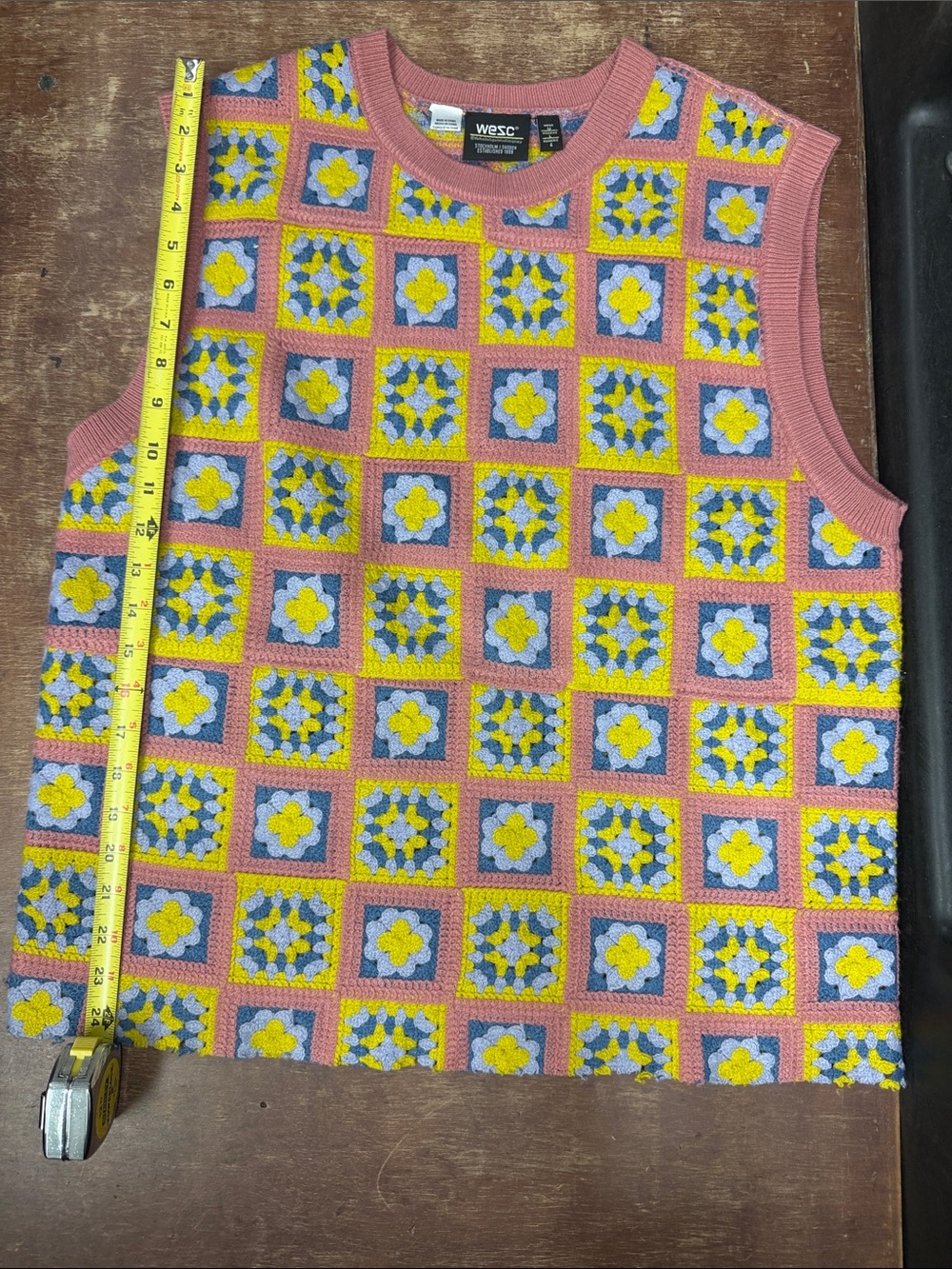 WESC Pink Crochet Floral Square Knit Vest with Yellow & Blue CROPPED measurments